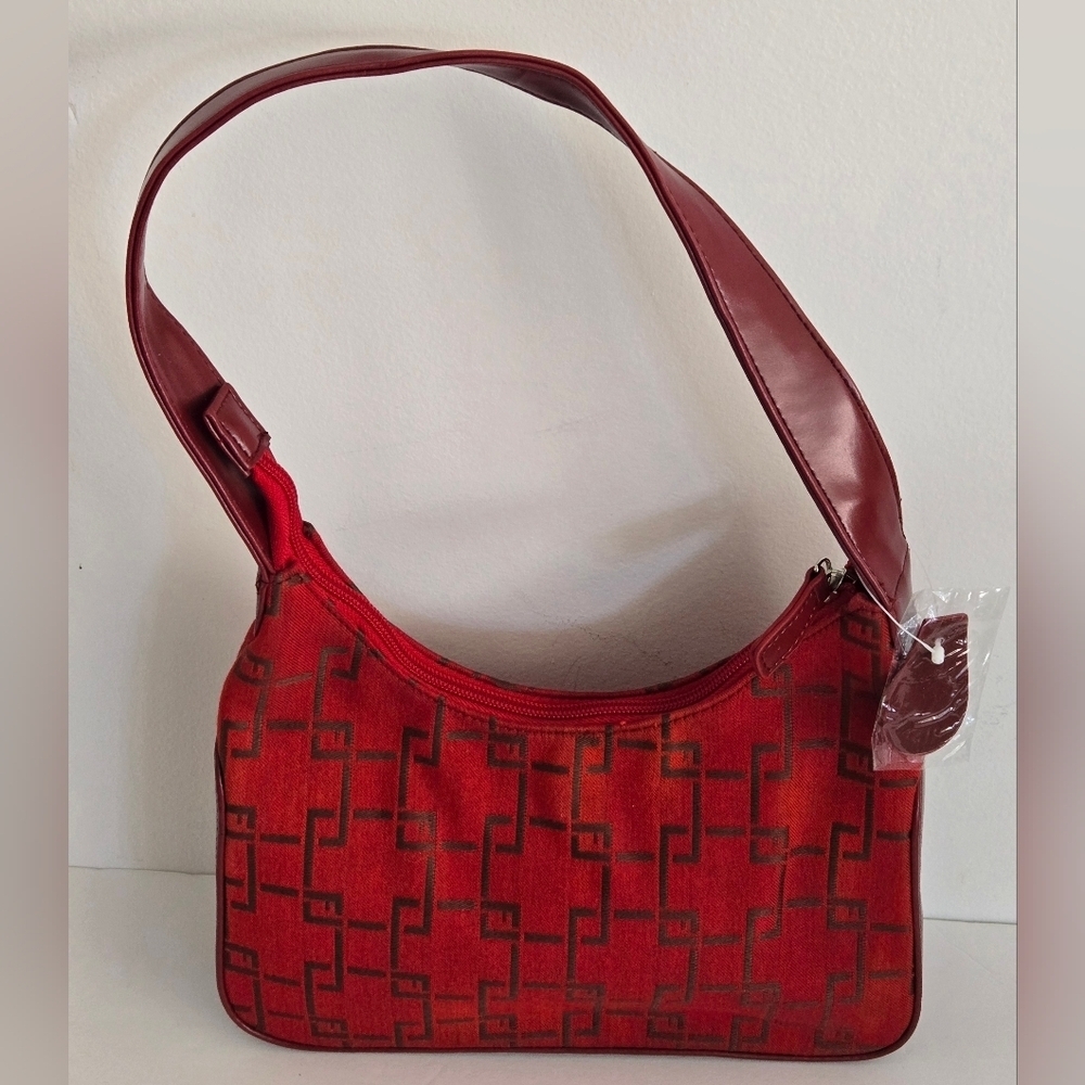 Small Red Canvas Tote Purse Handbag Vinyl Straps Zipper Closure New